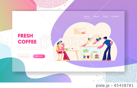 People Visiting Cafe or Bakehouse Website Landing Page. Saleswoman Stand at Desk with Pastry Giving Cake to Customer People Visiting Cafe or Bakehouse Website Landing Page. Saleswoman Stand at Desk with Pastry Giving Cake to Customer 65438781