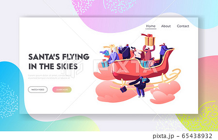Santa Helpers Festive Greeting Website Landing Page. Happy People Sitting in Sled Flying by Sky Throw Gifts and Presents on Ground. Xmas Celebration Web Page Banner. Cartoon Flat Vector Illustration 65438932