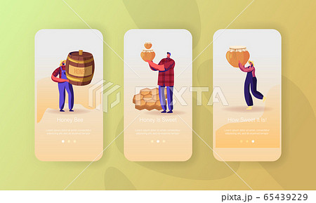 Beekeeping Industry Mobile App Page Onboard Screen Set. Beekeepers in Uniform Holding Glass Jar and Barrel with Honey 65439229