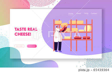 Industrial Factory, Milky Food Manufacture Website Landing Page. Woman Worker in Sterile Robe Put Cheese Heads on Racks, Dairy Production Industry Web Page Banner. Cartoon Flat Vector Illustration 65439364