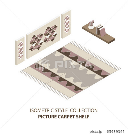 Vector isometric set of cappet room in mid century style., poster and book shelf on the wall. Detailed illustration. 65439365