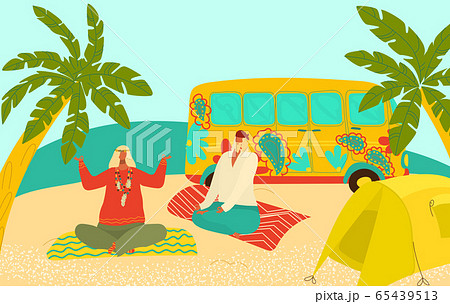 Grandparents eldery hippy people travelling, practicing yoga on seaside with tent and van flat vector illustration. Senior age travelers. Grandparents eldery hippy people travelling, practicing yoga on seaside with tent and van flat vector illustration. Senior age travelers. 65439513