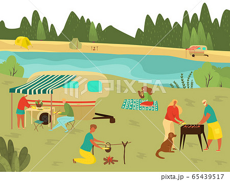Family bbq picnic on summer vacation, barbecue with grandparents, father, mother and children in nature travelling flat vector illustration. Family bbq picnic on summer vacation, barbecue with grandparents, father, mother and children in nature travelling flat vector illustration. 65439517