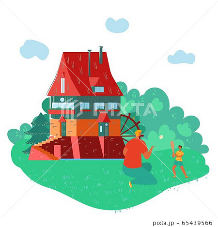 Father and daughter playing near country house in forest landscape, lifestyle with kids flat vector illustration. Active family vacation. Father and daughter playing near country house in forest landscape, lifestyle with kids flat vector illustration. Active family vacation. 65439566