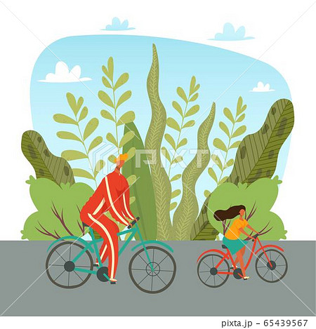 Father and daughter riding on bicycles in park, lifestyle with kids flat vector illustration. Active family vacation. 65439567