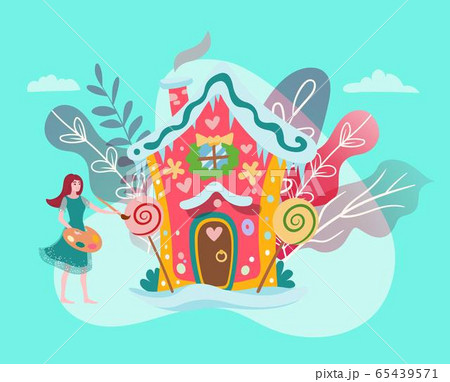 Fantastic house in fairy forest, fantasy world, fairytale and girl artist painting cartoon vector illustration isolated on white. 65439571