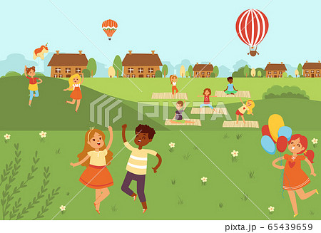 Kids jumping doing yoga activities and sports in nature outdoors flat vector illustration. Kids in country doing physical exercises. 65439659