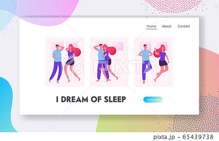 Sleeping Couples Website Landing Page. Young Man and Woman Lying on Bed in Different Positions for Sleep and Relax. Wife and Husband Having Leisure Web Page Banner. Cartoon Flat Vector Illustration Sleeping Couples Website Landing Page. Young Man and Woman Lying on Bed in Different Positions for Sleep and Relax. Wife and Husband Having Leisure Web Page Banner. Cartoon Flat Vector Illustration 65439738