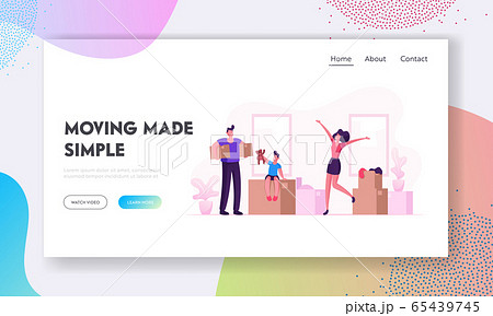 Happy Family Relocation Website Landing Page. Mother, Father and Little Son Moving into New House. Cheerful Woman Rejoice 65439745