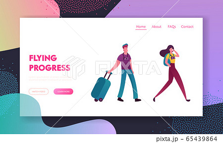 People with Luggage Book Cheap Flight Landing Page Template. Saving Vacation Budget. Characters Buying Airplane Tickets 65439864