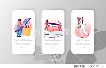 Mobile App Page Onboard Screen Set Male and Female Character with Studying Equipment as Books, Paints and Brush, Education Mobile App Page Onboard Screen Set Male and Female Character with Studying Equipment as Books, Paints and Brush, Education 65440037