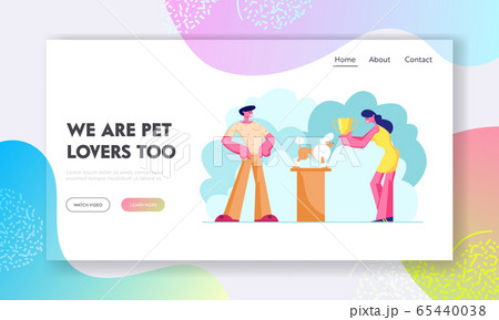 Pet Show Competition Website Landing Page. Owner Presenting Poodle at Exhibition, Woman Show Host Handle Gold Goblet to Dog Pet Show Competition Website Landing Page. Owner Presenting Poodle at Exhibition, Woman Show Host Handle Gold Goblet to Dog 65440038
