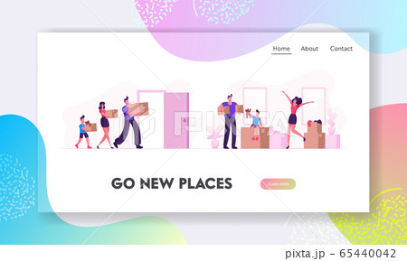 Happy Family Moving into New House Website Landing Page. Mother, Father and Little Son Carry Boxes to Home Happy Family Moving into New House Website Landing Page. Mother, Father and Little Son Carry Boxes to Home 65440042