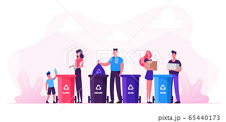 Family With Kids Collect Litter Bring it to Recycle Bins, People Recycling Garbage in Different Containers for Separation to Reduce Environment Pollution. Earth Day Cartoon Flat Vector Illustration 65440173