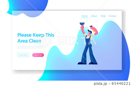 Cleaning Service Website Landing Page. Male Character Wearing Blue Overalls Hold Wiper and Water Sprayer for Window Wash Cleaning Service Website Landing Page. Male Character Wearing Blue Overalls Hold Wiper and Water Sprayer for Window Wash 65440221