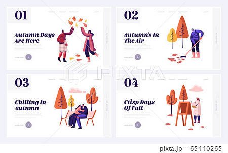 Fall Season Park Zone with People Website Landing Page Set. Large Public Garden in Autumn, Happy Citizen Enjoy Open Air Activities and Walk Recreation Web Page Banner. Cartoon Flat Vector Illustration 65440265