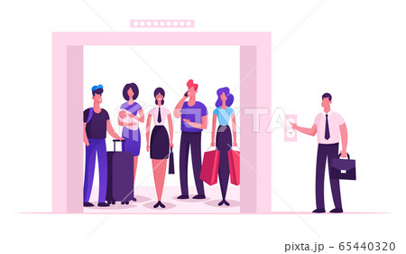 Different People Standing in Elevator with Open Doors. Group of Various Men and Women Waiting Inside Lift 65440320