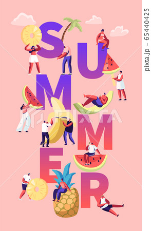 Summer Season Concept. Tiny Characters in Swimwear and Huge Ripe Fruits Pineapple Banana Watermelon. Healthy Food 65440425