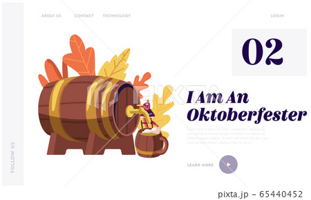 Oktoberfest Bavarian Festival Website Landing Page. Tiny Waitress in Traditional German Costume Dirndl Pouring Beer from Huge Wooden Barrel to Mugs Web Page Banner. Cartoon Flat Vector Illustration 65440452