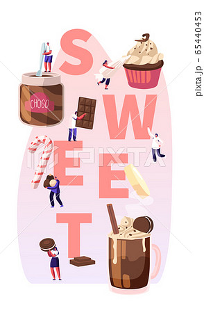 People Eating Sweet Food Concept. Tiny Male and Female Characters among Huge Chocolate Dessert Dishes Pastry Cupcake Candy 65440453