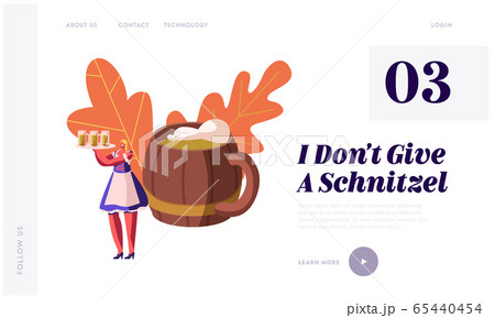 Oktoberfest Festival Website Landing Page. Young Girl Wearing Traditional Bavarian Dress Dirndl Holding Tray with Beer Mugs, Holiday Celebration Web Page Banner. Cartoon Flat Vector Illustration 65440454