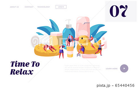 People in Bathroom Website Landing Page. Tiny Male and Female Characters Washing and Taking Bath among Huge Cosmetics Bottles 65440456