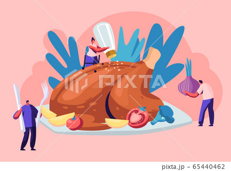 Happy Male and Female Characters Cooking Huge Thanksgiving Turkey Flavoring with Vegetables, Spices and Salt. Men and Women 65440462