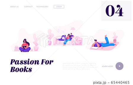 People Weekend Sparetime at Home Website Landing Page. Male Female Characters Spend Leisure Time Reading Books Together 65440465