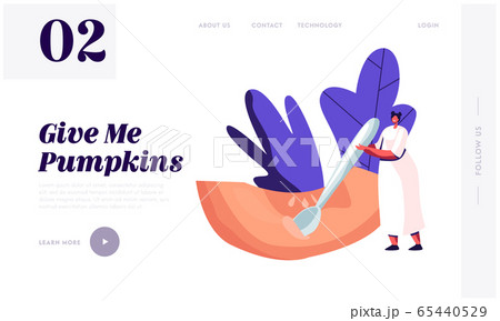Woman Prepare Home Food Website Landing Page. Tiny Female Character Delete Seeds with Spoon from Ripe Pumpkin Slice Woman Prepare Home Food Website Landing Page. Tiny Female Character Delete Seeds with Spoon from Ripe Pumpkin Slice 65440529