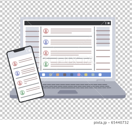 ノートパソコンとスマホのイラスト（チャットツールの画面）・主線なし 65440732
