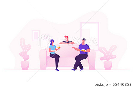 Friends Company Sitting on Couch in Living Room Drinking Beverages Eating Pizza Communicating at Home. Characters Friendship Friends Company Sitting on Couch in Living Room Drinking Beverages Eating Pizza Communicating at Home. Characters Friendship 65440853