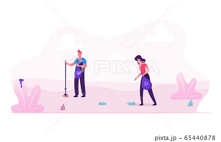 People Collecting Trash into Bags with Recycling Sign on Beach or Nature. Garbage Pollution of Seaside or Park . Volunteers Clean Up Wastes, Ecology Protection Concept Cartoon Flat Vector Illustration 65440878