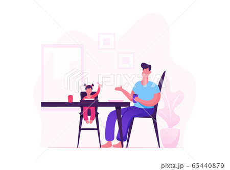 Happy Family of Father and Little Baby Girl Sitting on High Stool Having Dinner Sitting Table with Food on Kitchen 65440879