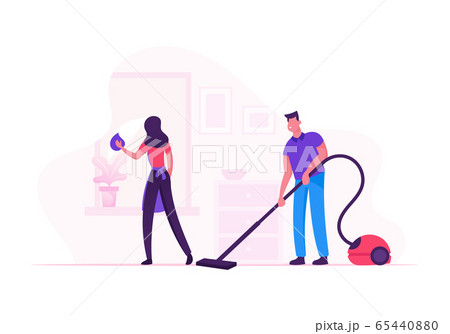 Happy Couple Homework Duties and Everyday Activity. Smiling Young Man and Woman Cleaning House Together. Girl Wiping Window, Boy Vacuuming Rag on Floor in Living Room. Cartoon Flat Vector Illustration 65440880