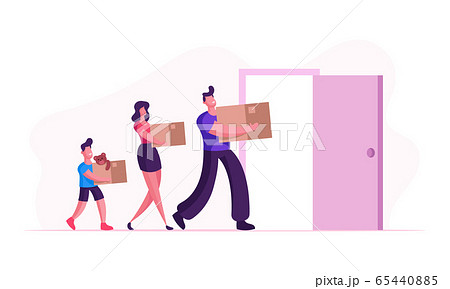 People Relocation, Happy Family Moving into New House. Mother, Father and Little Son Carry Boxes and Things to Home 65440885