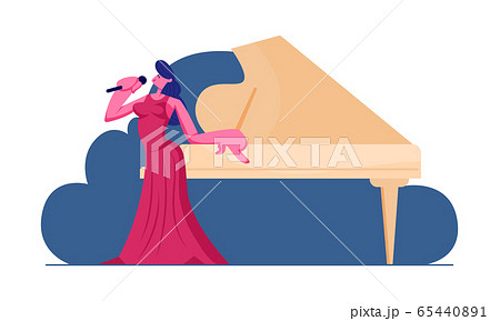Woman Opera Singer Wearing Beautiful Gown Stand at Grand Piano Performing Classic Composition Singing Song with Microphone on Stage of Concert Hall. Cultural Life Cartoon Flat Vector Illustration 65440891
