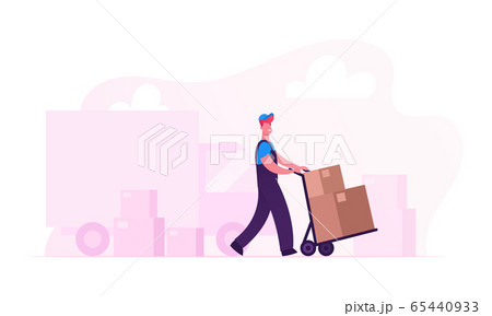 Relocation and Moving into New House Concept. Worker Wearing Uniform Pushing Trolley with Cardboard Boxes Unloading Truck 65440933