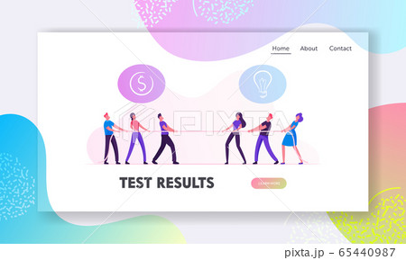 Businesspeople Tug of War Process Website Landing Page. Businessmen and Businesswomen Pulling Rope with Signs of Dollar and Light Bulb above Heads Web Page Banner. Cartoon Flat Vector Illustration 65440987