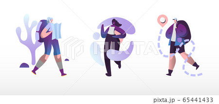 Travelers Hiking Set. Man and Woman Backpackers Learning Map Deciding what Way to Choose, Enjoying Route using Gps Travelers Hiking Set. Man and Woman Backpackers Learning Map Deciding what Way to Choose, Enjoying Route using Gps 65441433