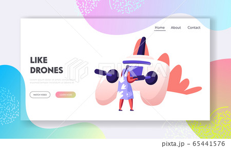 Quadcopter Technologies Website Landing Page. Rear View of Young Woman Watching and Navigating Flying Drone in Sky Over Countryside, Digital Device Web Page Banner. Cartoon Flat Vector Illustration 65441576