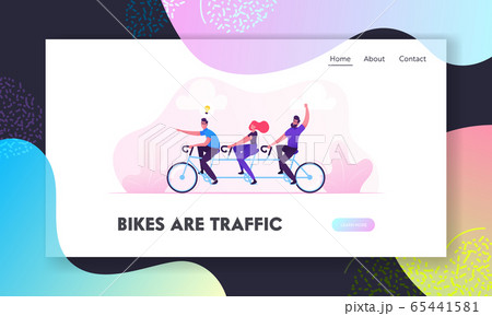 Team Work Business Success Website Landing Page. Businesspeople Riding Tandem Bicycle Generating New Idea, Man with Light Bulb. Teamwork Cooperation Web Page Banner. Cartoon Flat Vector Illustration 65441581