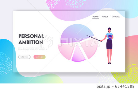 Business Coach Explain Development Strategy Website Landing Page. Businesswoman Trainer Pointing on Huge Pie Chart, Company Data Analysis Statistics Web Page Banner. Cartoon Flat Vector Illustration 65441588