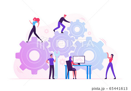 Working Routine Process and Teamwork Concept. Male and Female Characters Moving Huge Gear Mechanism Using Wrench, Feet and Arms. Woman Managing Cogwheel Process at Pc. Cartoon Flat Vector Illustration Working Routine Process and Teamwork Concept. Male and Female Characters Moving Huge Gear Mechanism Using Wrench, Feet and Arms. Woman Managing Cogwheel Process at Pc. Cartoon Flat Vector Illustration 65441613