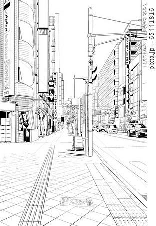 漫画風ペン画イラスト 繁華街_街並のイラスト素材 [65441816] - PIXTA