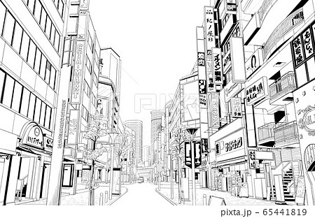 漫画風ペン画イラスト 繁華街 街並のイラスト素材