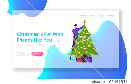 Male Character Decorating Spruce Website Landing Page. Young Cheerful Man Stand on Ladder Put Star on Top of Christmas Tree for Xmas Celebration Web Page Banner. Cartoon Flat Vector Illustration 65441951