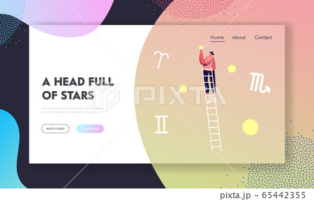 Cosmos Exploration, Space Education Website Landing Page. Girl Stand on Ladder Take Star from Sky among Aries Cosmos Exploration, Space Education Website Landing Page. Girl Stand on Ladder Take Star from Sky among Aries 65442355