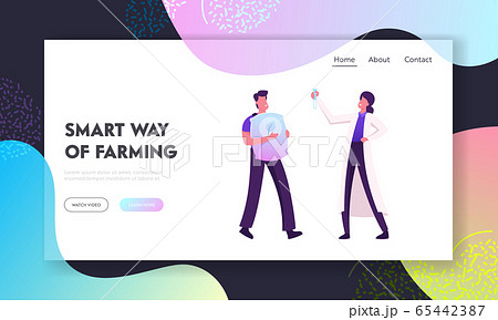 Healthy Eco Food Website Landing Page. Farmer and Scientist Working at Hydroponics Nursery Farm or Greenhouse Healthy Eco Food Website Landing Page. Farmer and Scientist Working at Hydroponics Nursery Farm or Greenhouse 65442387