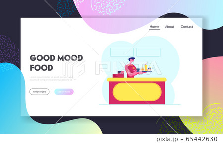 Staff Invite Customer to Try Fresh Fastfood Meal Website Landing Page. Young Salesman Holding Tray with Fast Food 65442630