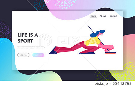 Winter Sport Website Landing Page. Young Woman Holding Brush Squatting on Ice Pushing Granite Rock on Rink during Curling Competition, Sports Life Web Page Banner. Cartoon Flat Vector Illustration 65442762